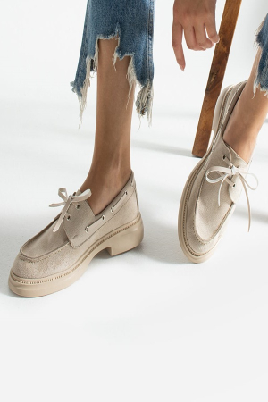 Kadın Bağcıklı Günlük Loafer Ayakkabı-Bej Süet