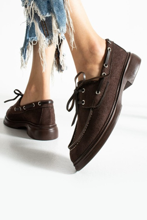 Kadın Bağcıklı Günlük Loafer Ayakkabı-Kahve Süet
