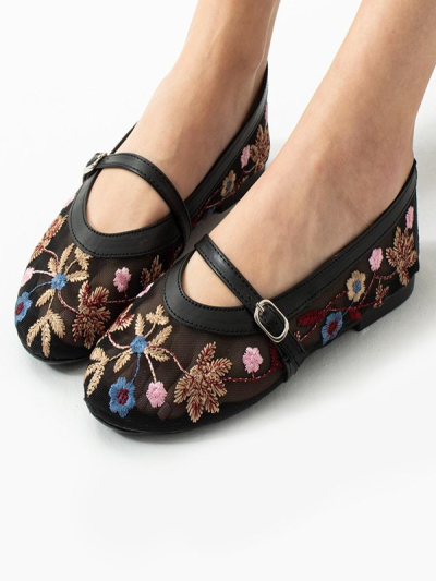 Çiçek Nakışlı Transparan Babet Siyah