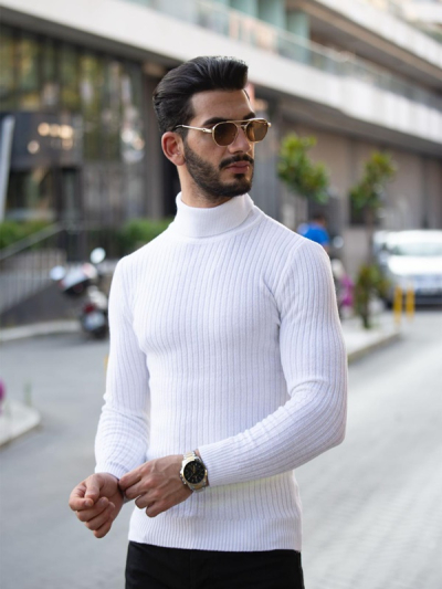 Erkek Klasik Boğazlı Çizgili Triko Kazak