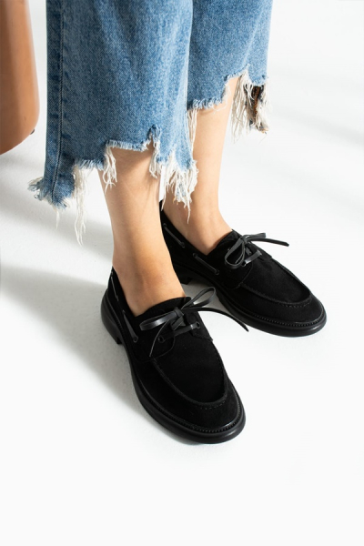 Kadın Bağcıklı Günlük Loafer Ayakkabı-Siyah Süet