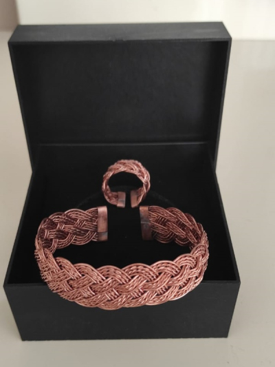 Uyumlu Akış El Yapımı Bakır Bileklik ve Yüzük Seti